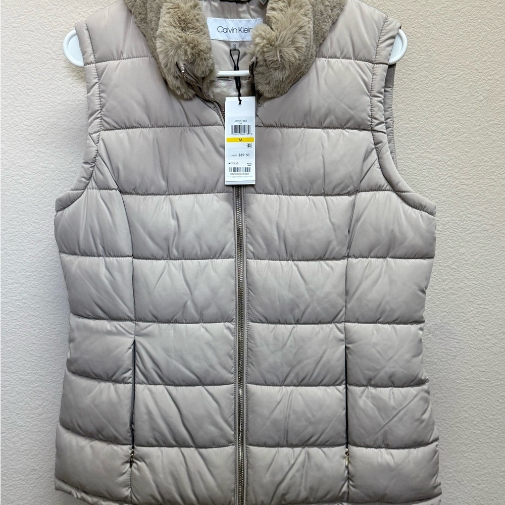 Calvin Klein Beige Puffer Vest with Faux Fur Collar Medium